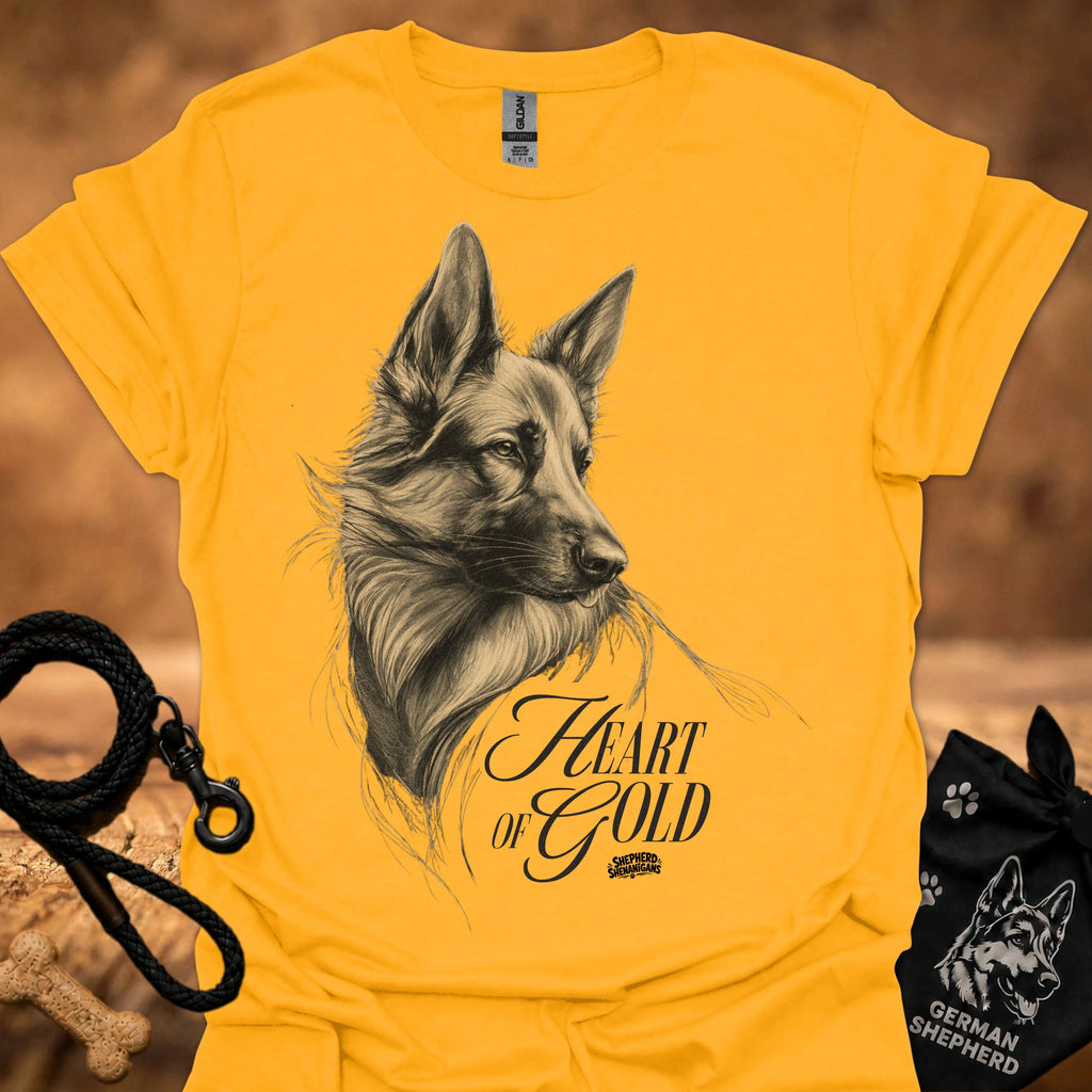 Gold/yellow T-shirt with detailed dog portrait and "Heart of Gold" lettering