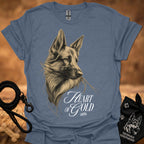 Steel blue T-shirt with detailed dog portrait and "Heart of Gold" lettering