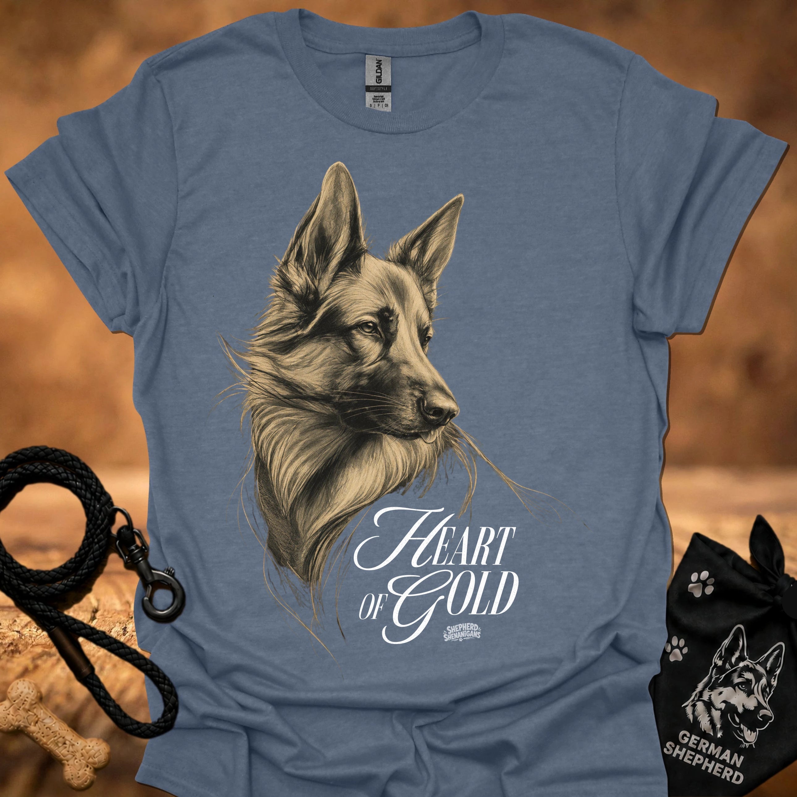 Steel blue T-shirt with detailed dog portrait and "Heart of Gold" lettering