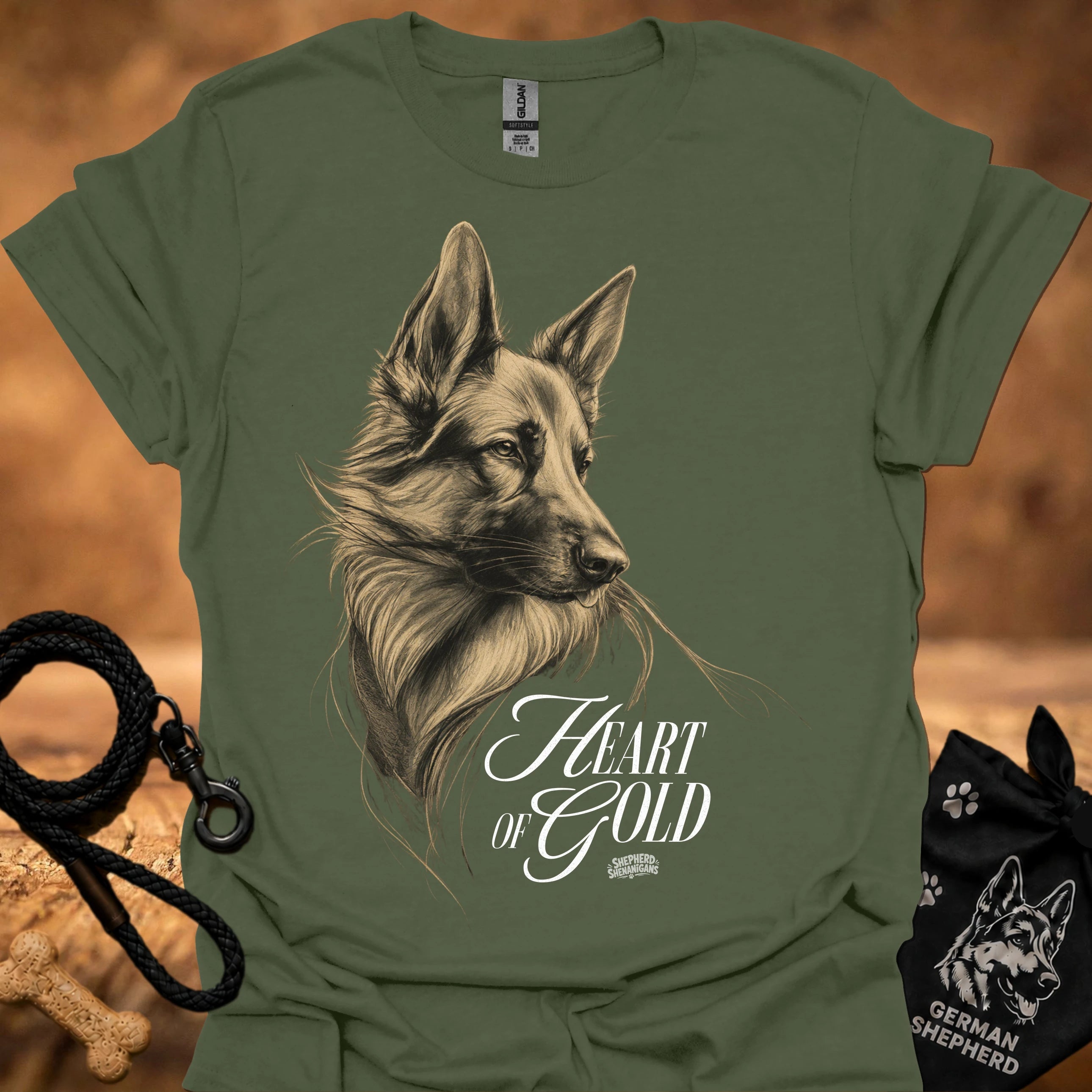 Olive green T-shirt with detailed dog portrait and "Heart of Gold" lettering