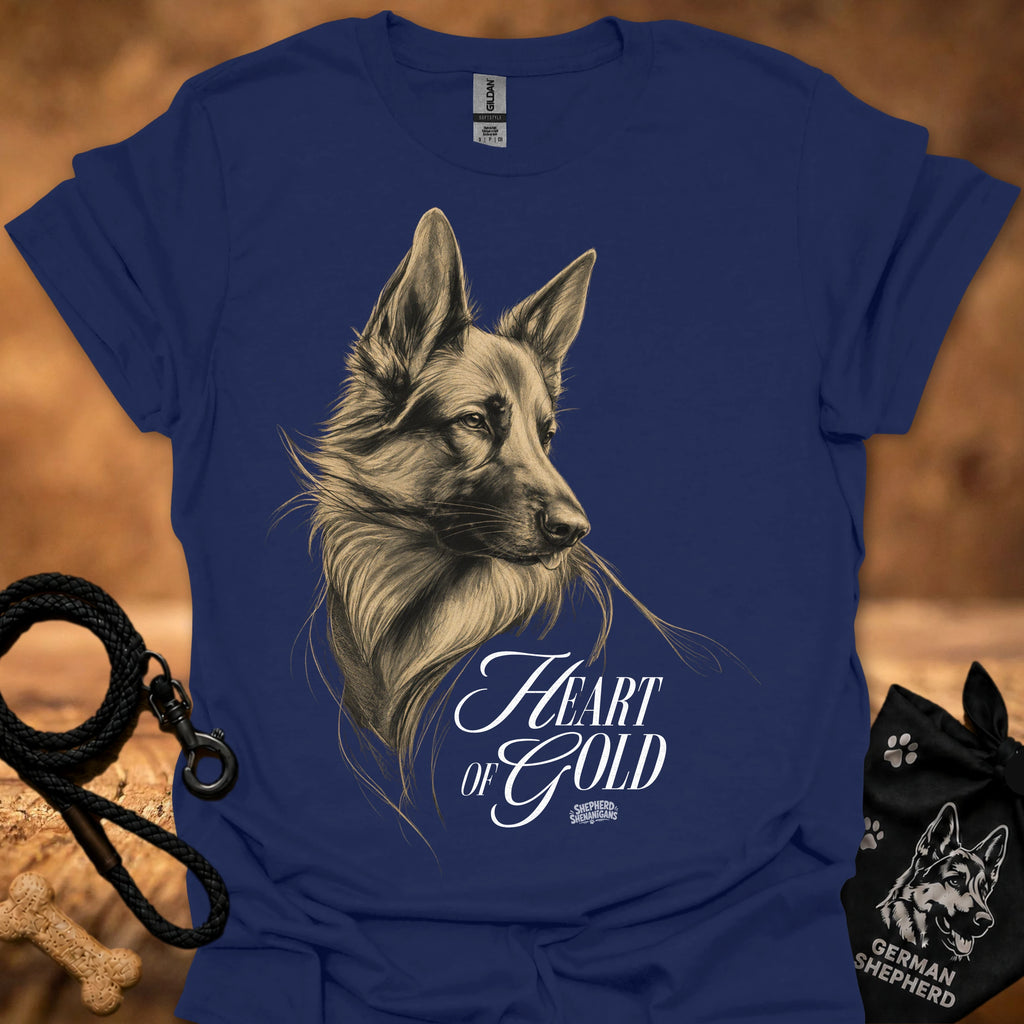 Blue T-shirt with detailed dog portrait and "Heart of Gold" lettering