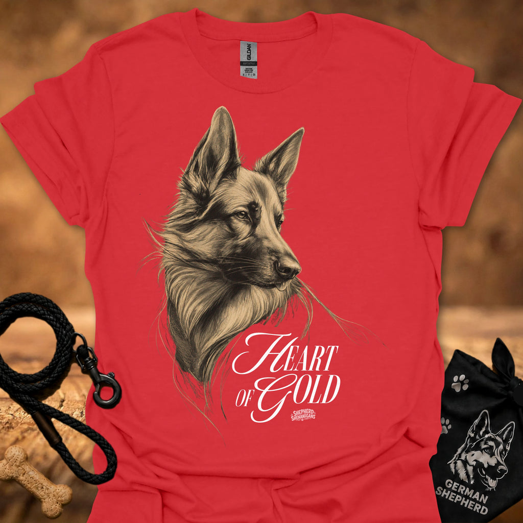 Red T-shirt with detailed dog portrait and "Heart of Gold" lettering