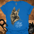 Royal blue T-shirt with detailed dog portrait and "Heart of Gold" lettering