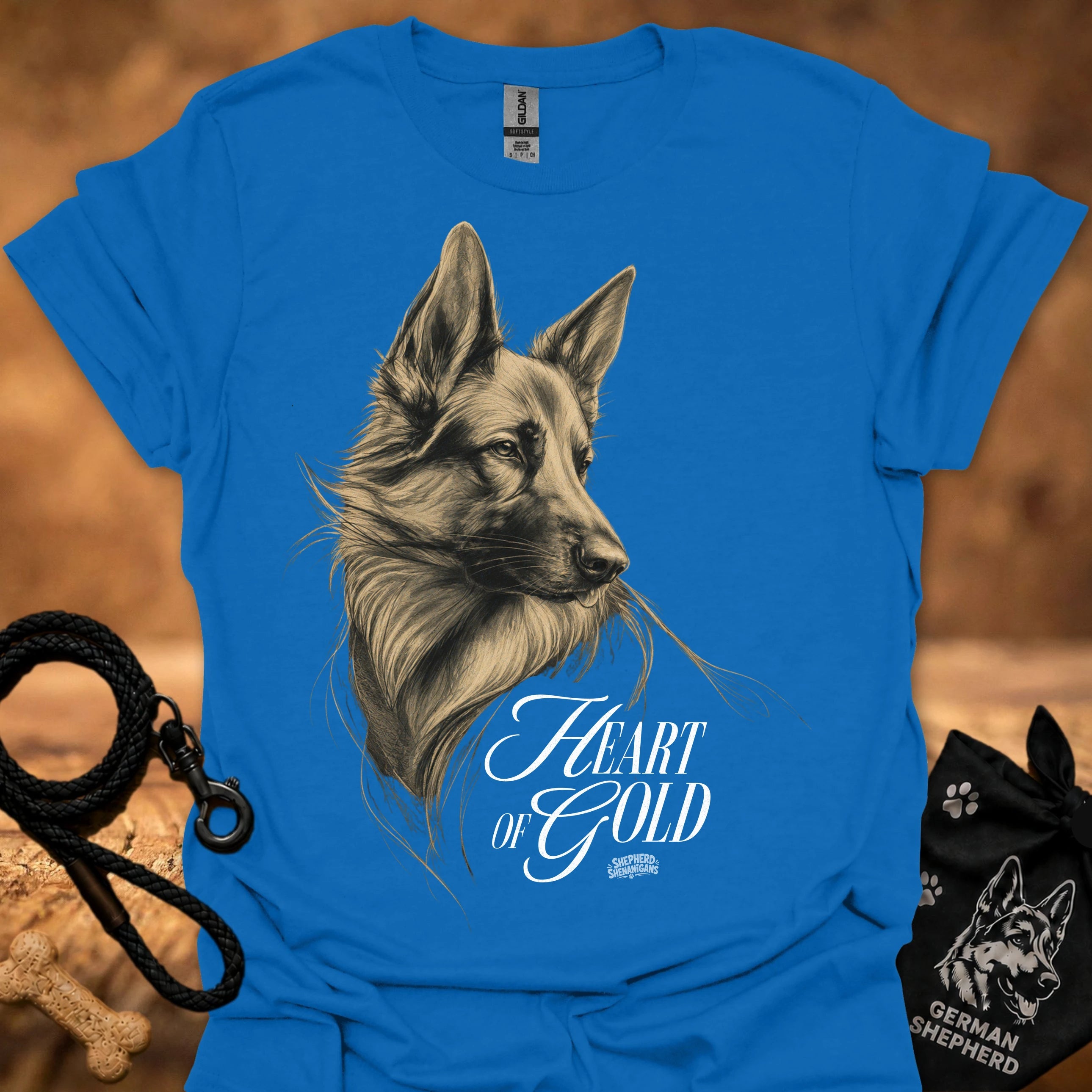 Royal blue T-shirt with detailed dog portrait and "Heart of Gold" lettering