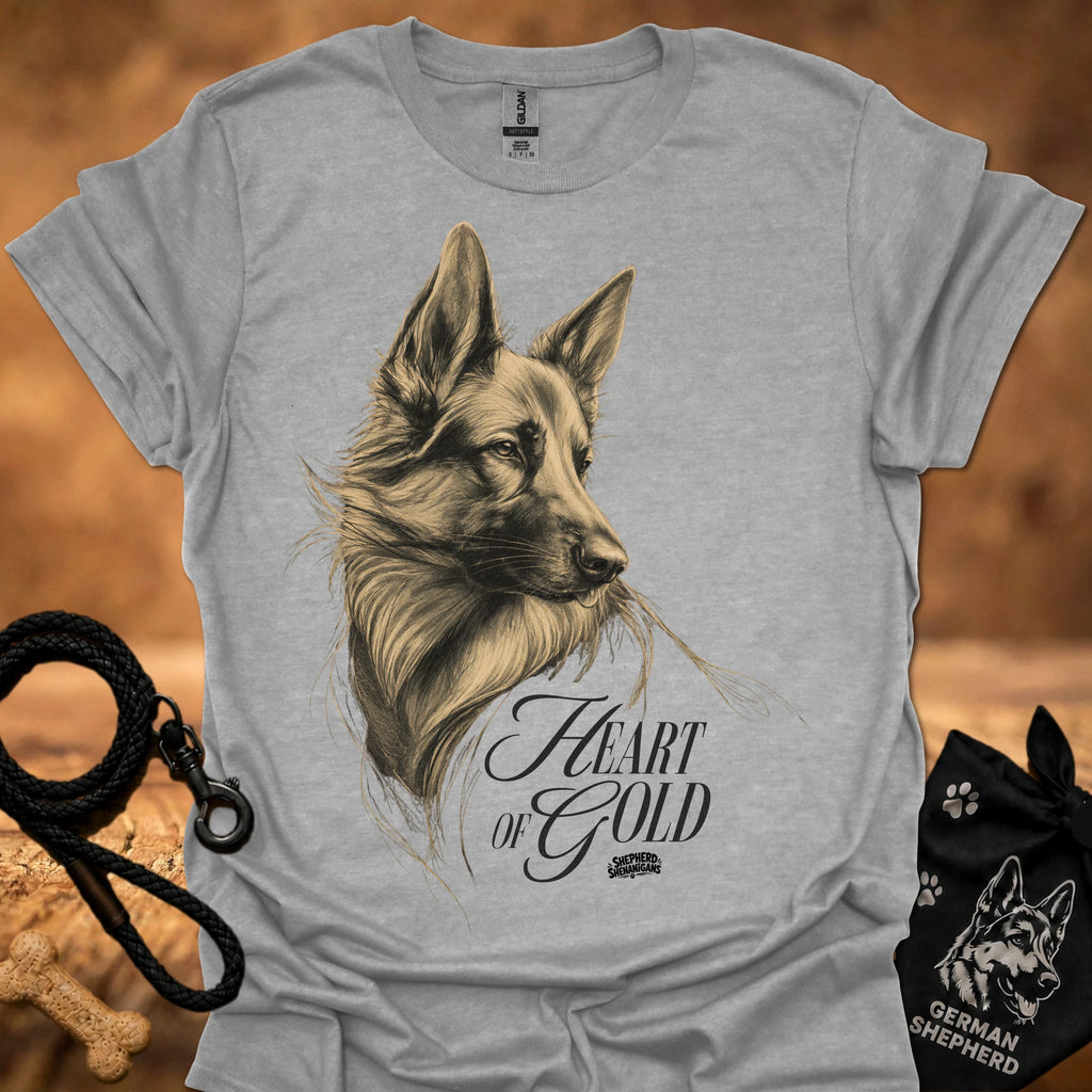 Light gray T-shirt with detailed dog portrait and "Heart of Gold" lettering