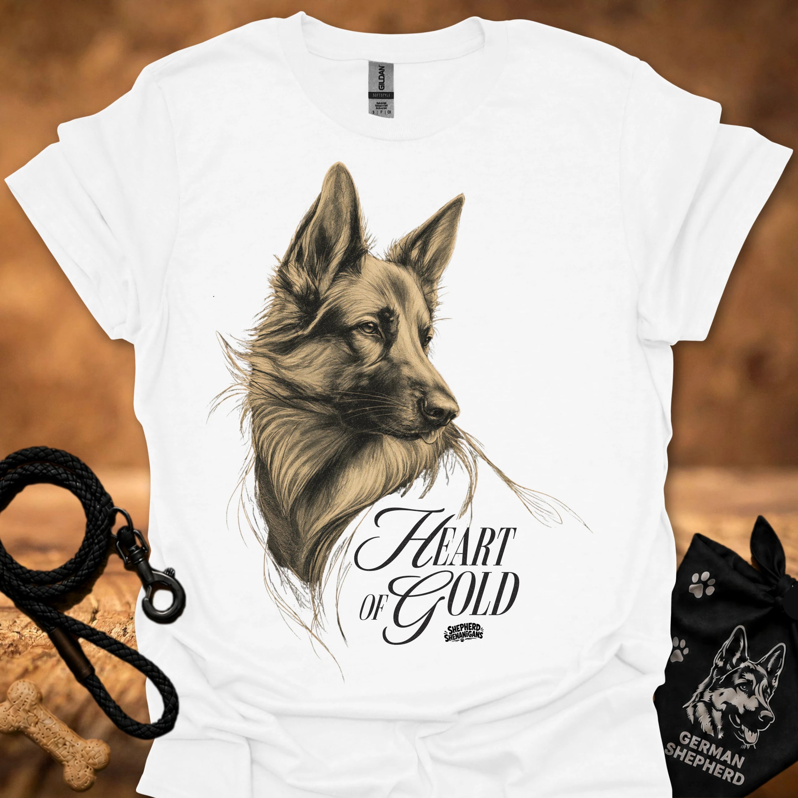 White T-shirt with detailed dog portrait and "Heart of Gold" lettering