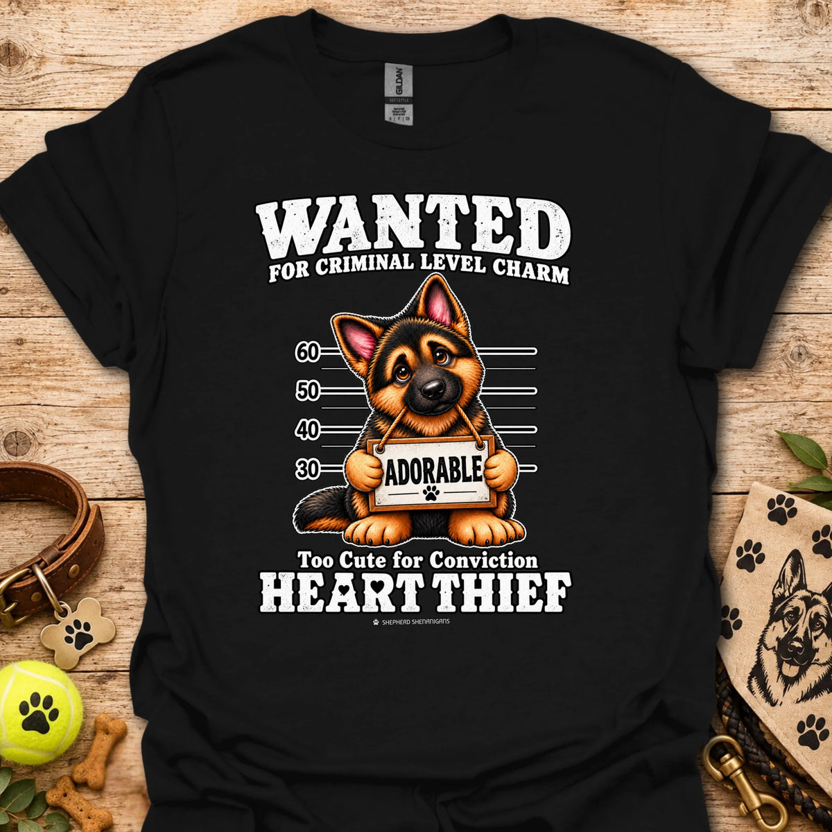 Black Heart Thief graphic t-shirt with dog Wanted mugshot-style print