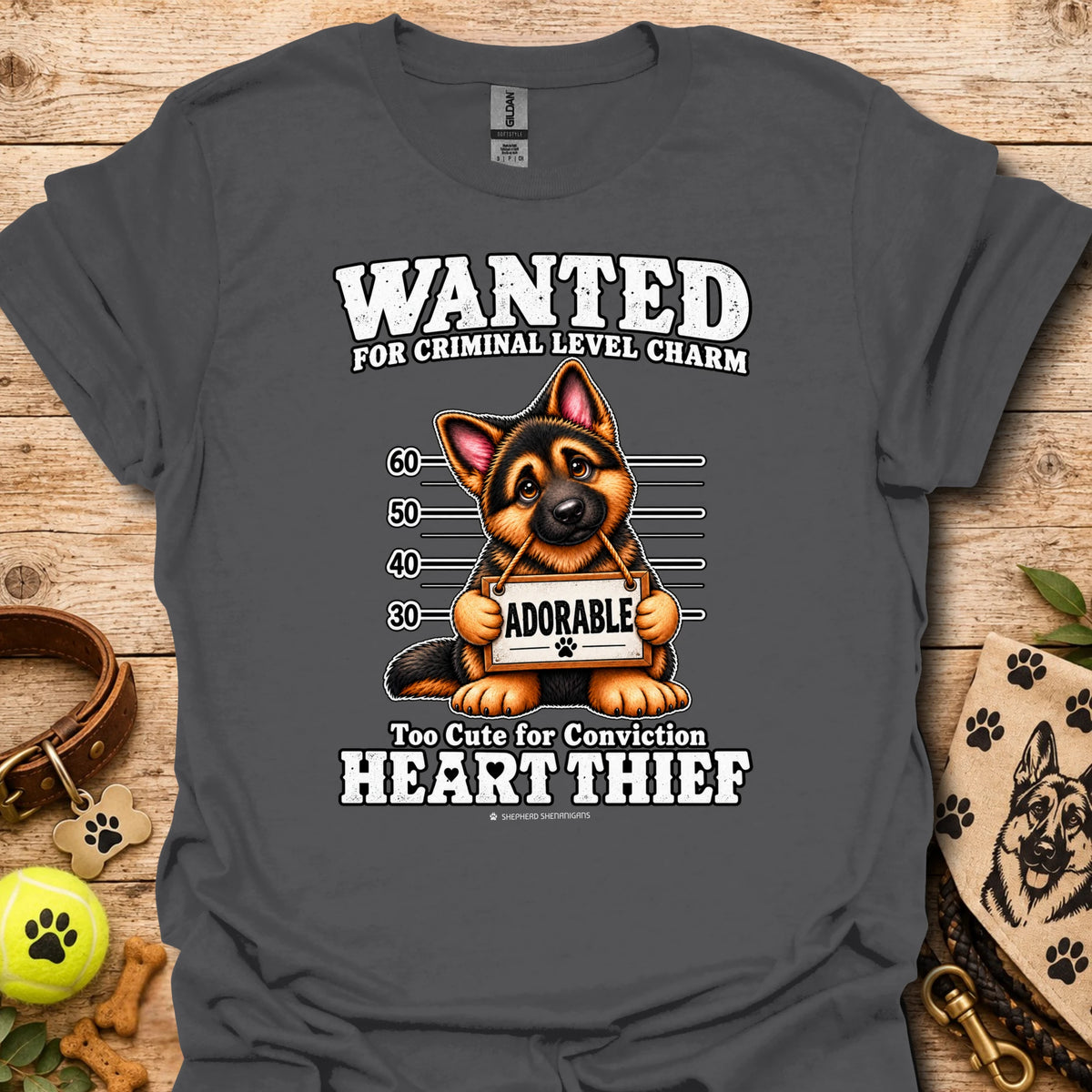 Dark gray Heart Thief graphic t-shirt with dog Wanted mugshot-style print