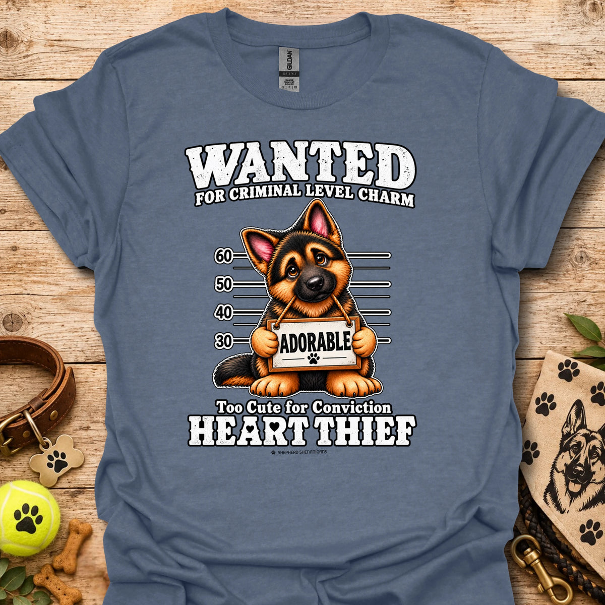Slate blue Heart Thief graphic t-shirt with dog Wanted mugshot-style print