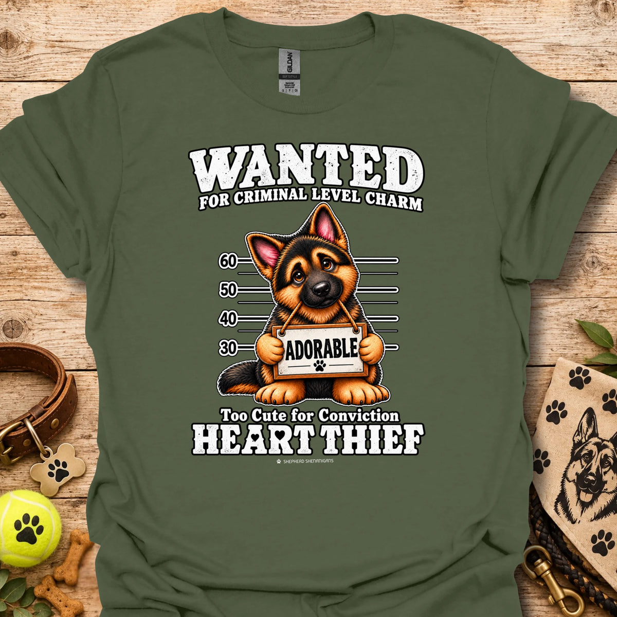 Military green Heart Thief graphic t-shirt with dog Wanted mugshot-style print