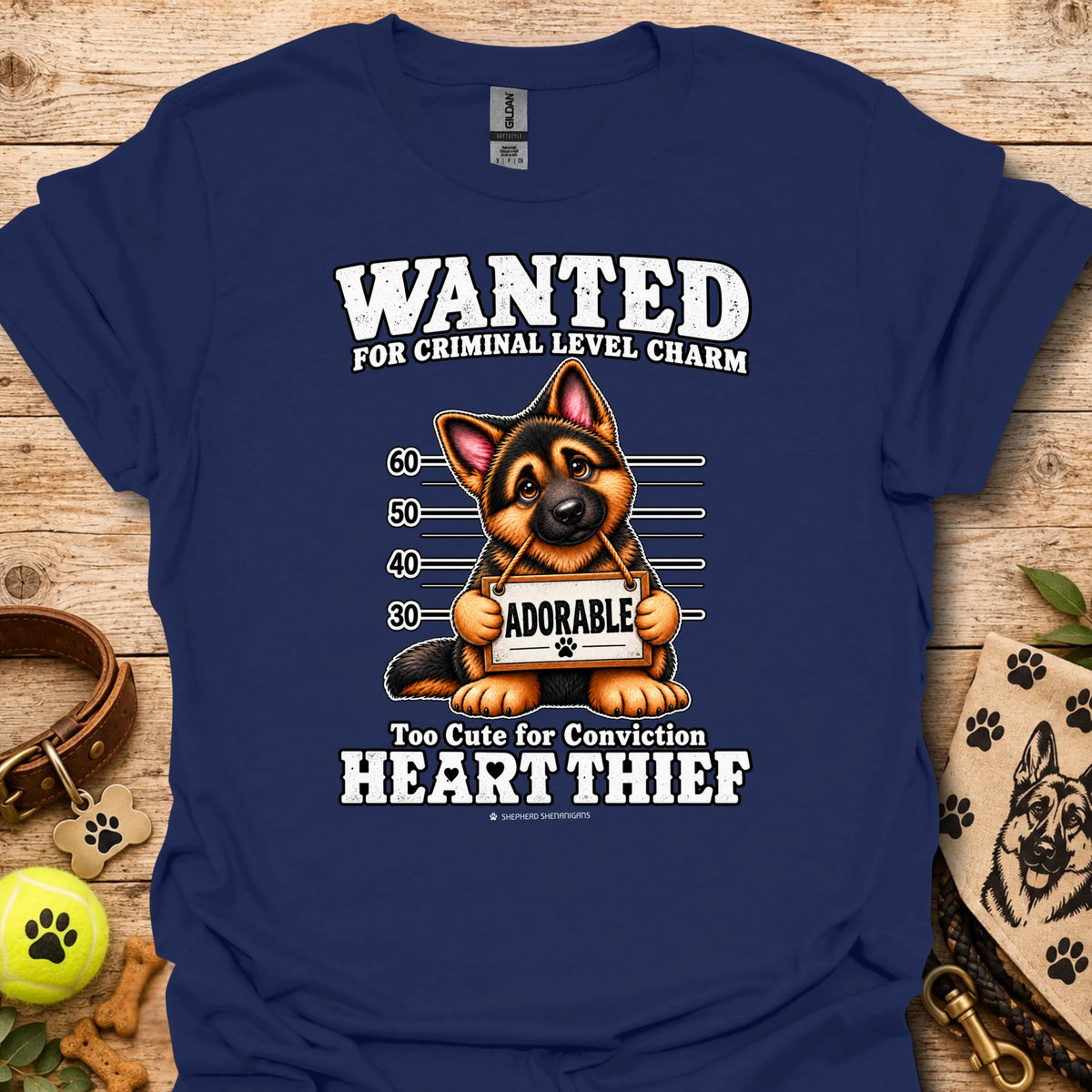 Navy Heart Thief graphic t-shirt with dog Wanted mugshot-style print