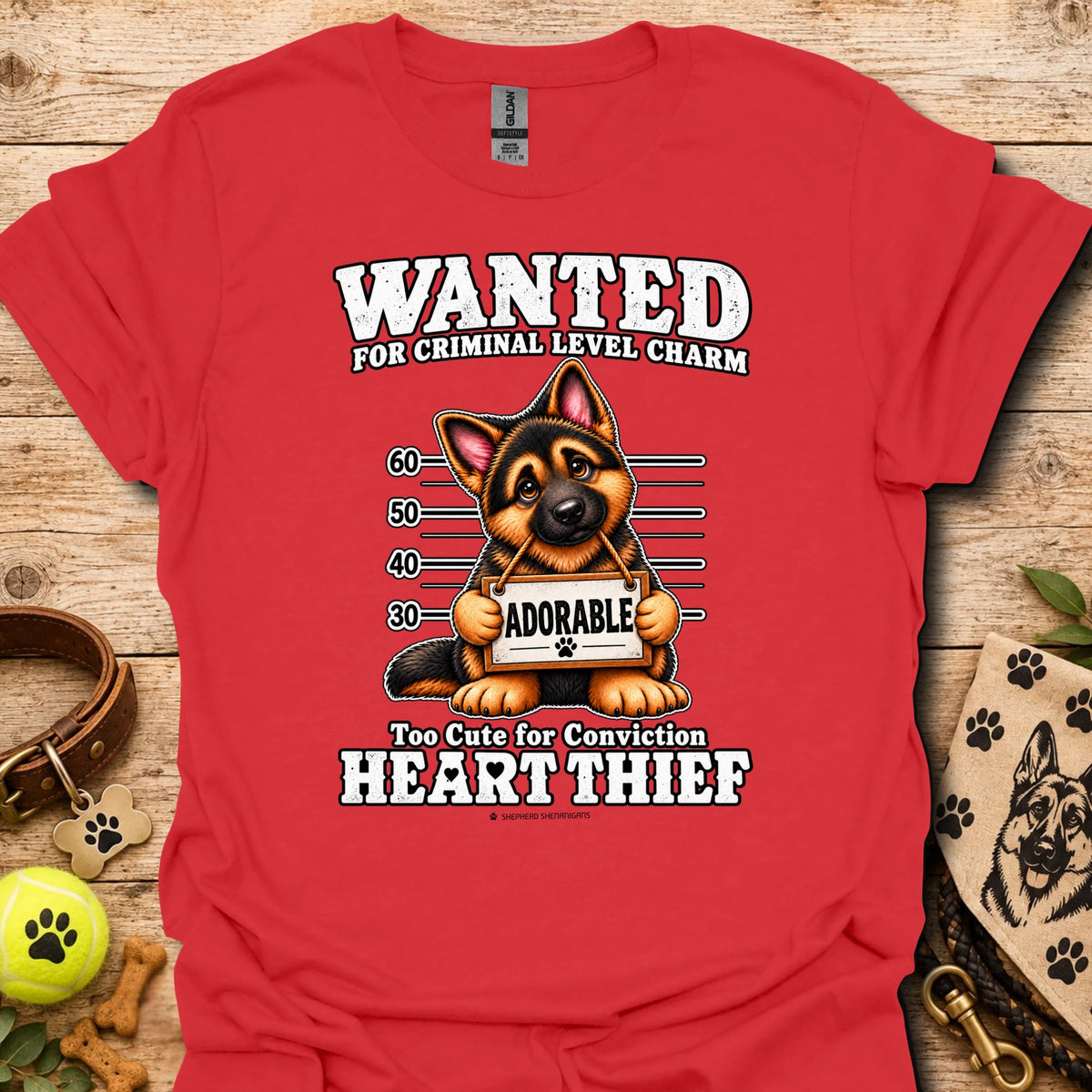 Red Heart Thief graphic t-shirt with dog Wanted mugshot-style print