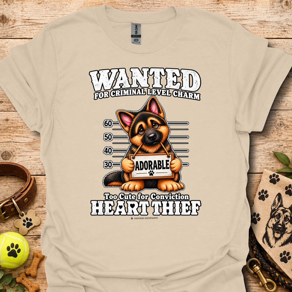 Sand beige Heart Thief graphic t-shirt with dog Wanted mugshot-style print