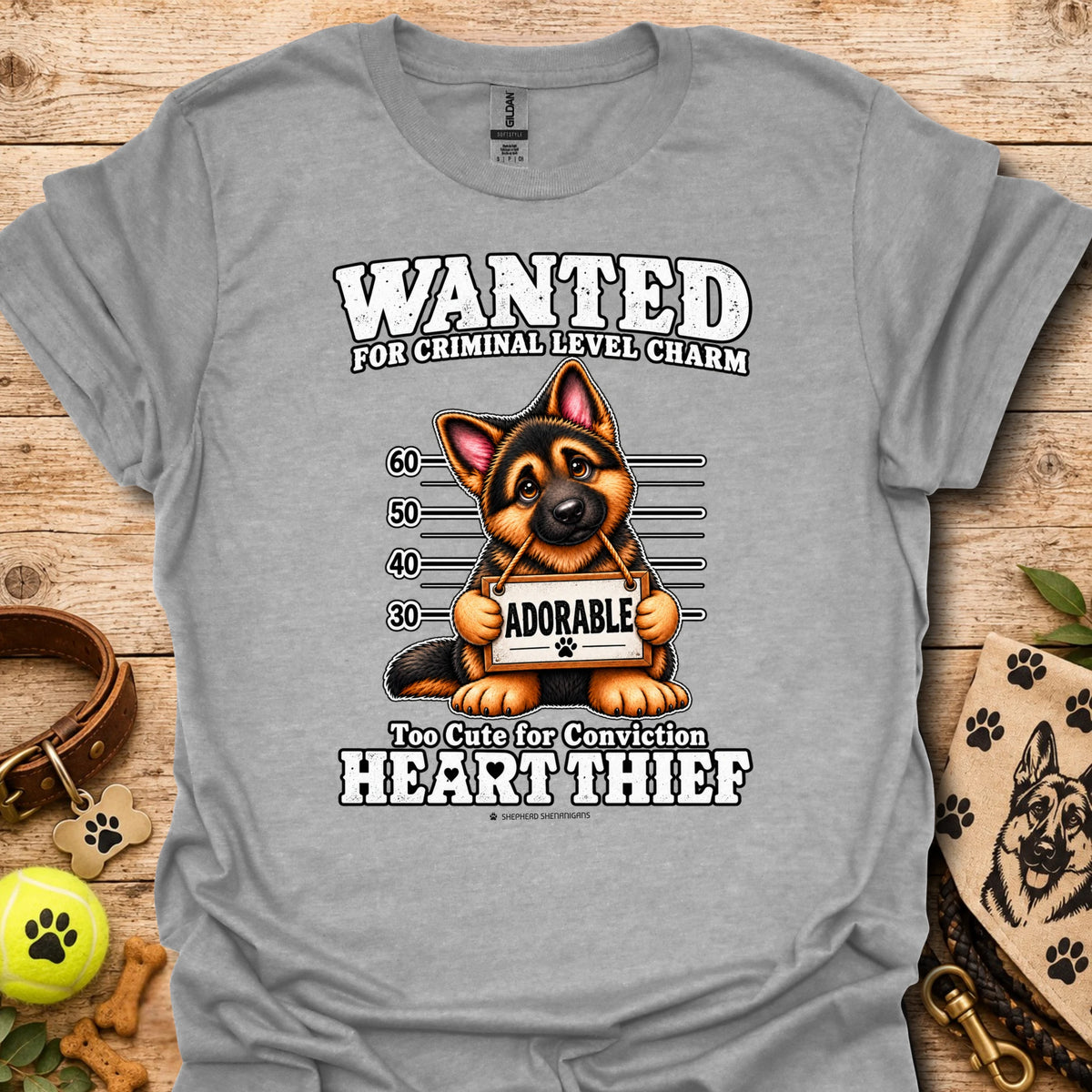 Heather gray Heart Thief graphic t-shirt with dog Wanted mugshot-style print