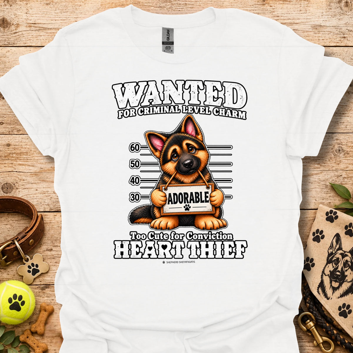 White Heart Thief graphic t-shirt with dog Wanted mugshot-style print