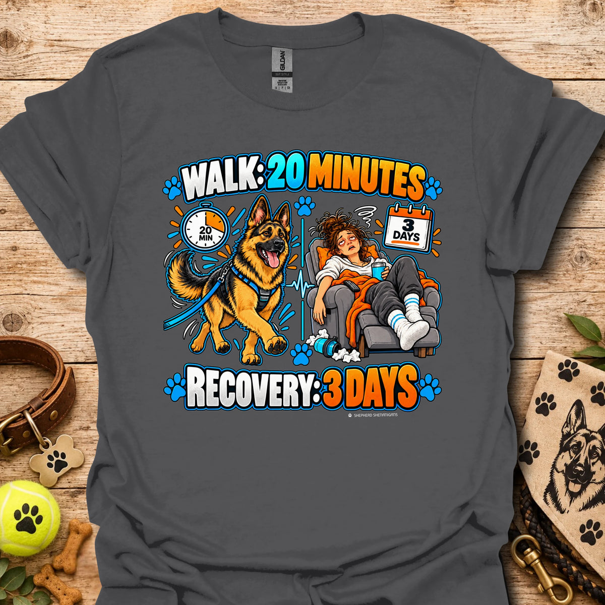 Black recovery t-shirt with “Walk 20 Minutes” and “Recovery: 3 Days” dog graphic