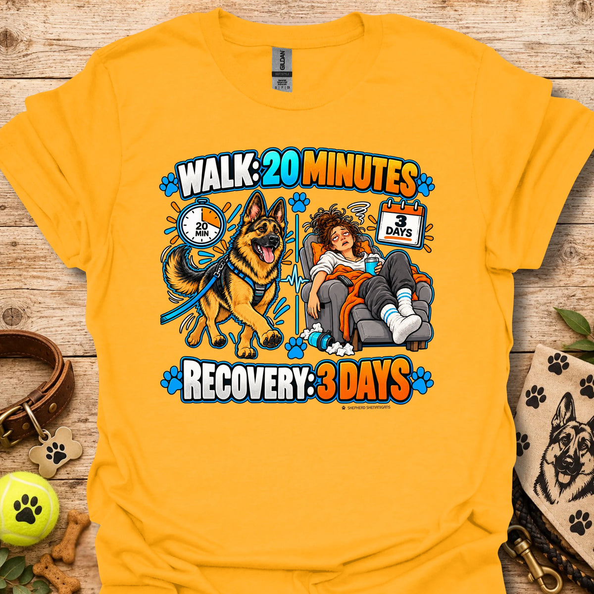 Gold recovery t-shirt with “Walk 20 Minutes” and “Recovery: 3 Days” dog graphic