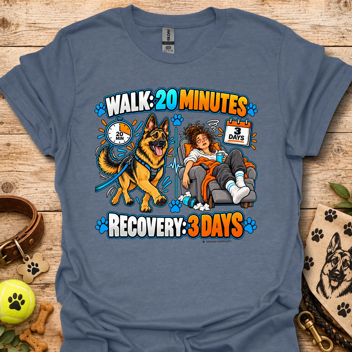Blue recovery t-shirt with “Walk 20 Minutes” and “Recovery: 3 Days” dog graphic