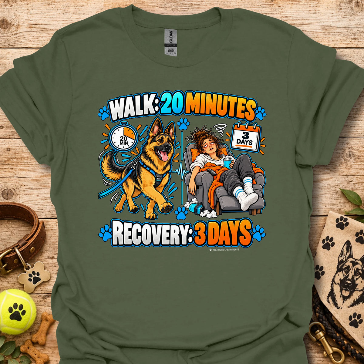 Military green recovery t-shirt with “Walk 20 Minutes” and “Recovery: 3 Days” dog graphic