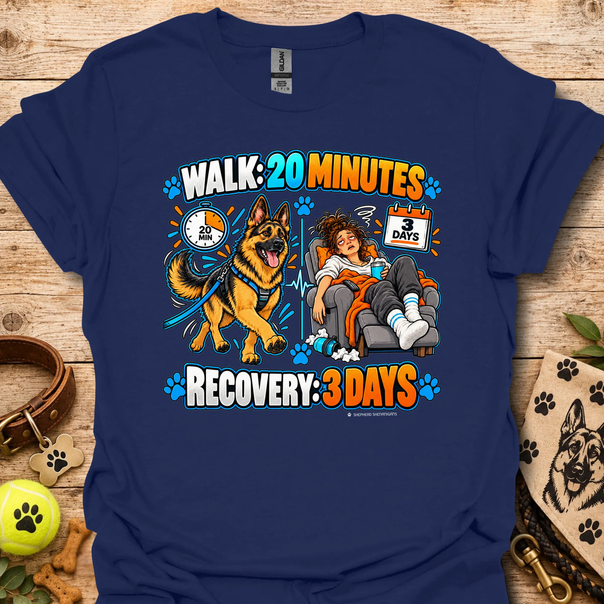 Navy recovery t-shirt with “Walk 20 Minutes” and “Recovery: 3 Days” dog graphic