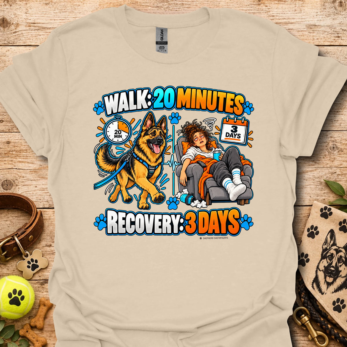 Sand recovery t-shirt with “Walk 20 Minutes” and “Recovery: 3 Days” dog graphic