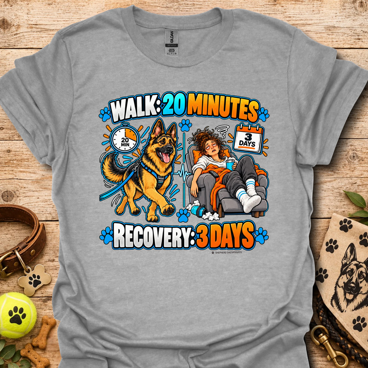 Heather grey recovery t-shirt with “Walk 20 Minutes” and “Recovery: 3 Days” dog graphic