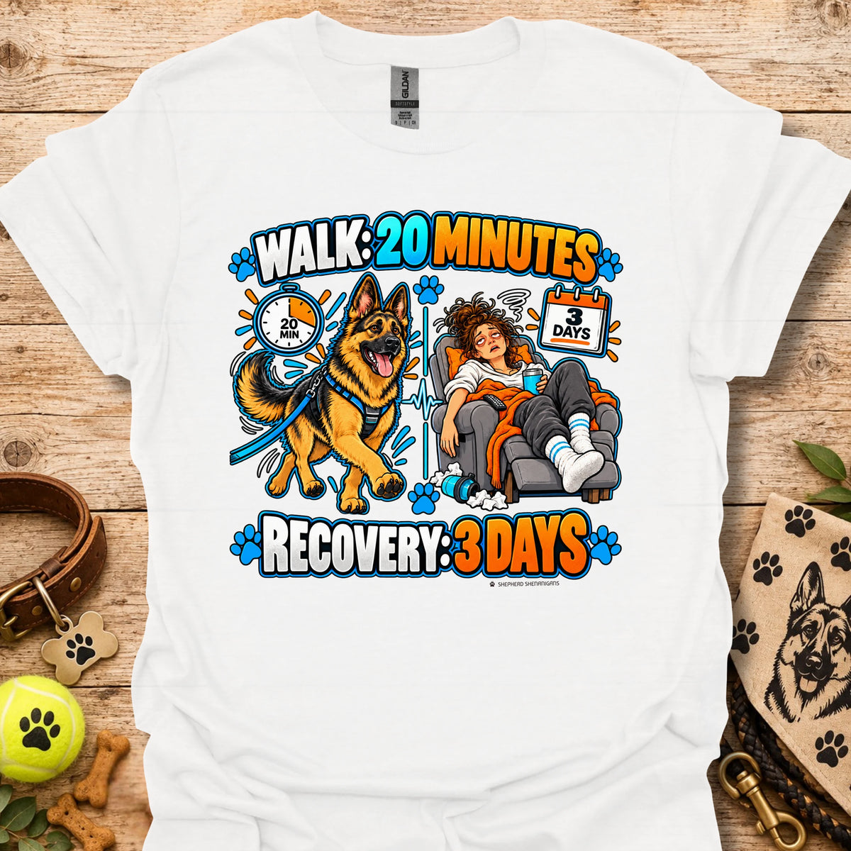 White recovery t-shirt with “Walk 20 Minutes” and “Recovery: 3 Days” dog graphic