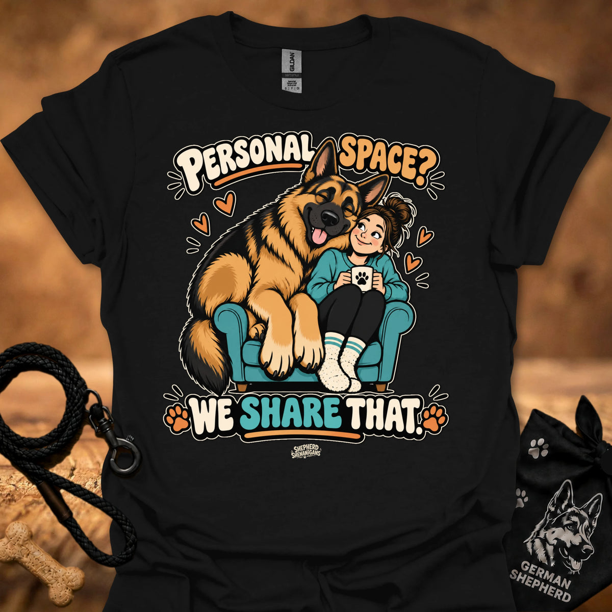 Black T-shirt with colorful cartoon “Personal Space” graphic of a dog and child