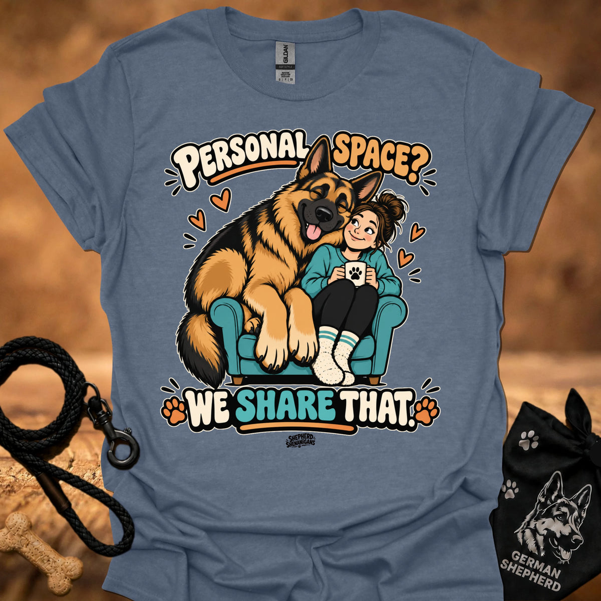Slate blue T-shirt with colorful cartoon “Personal Space” graphic of a dog and child