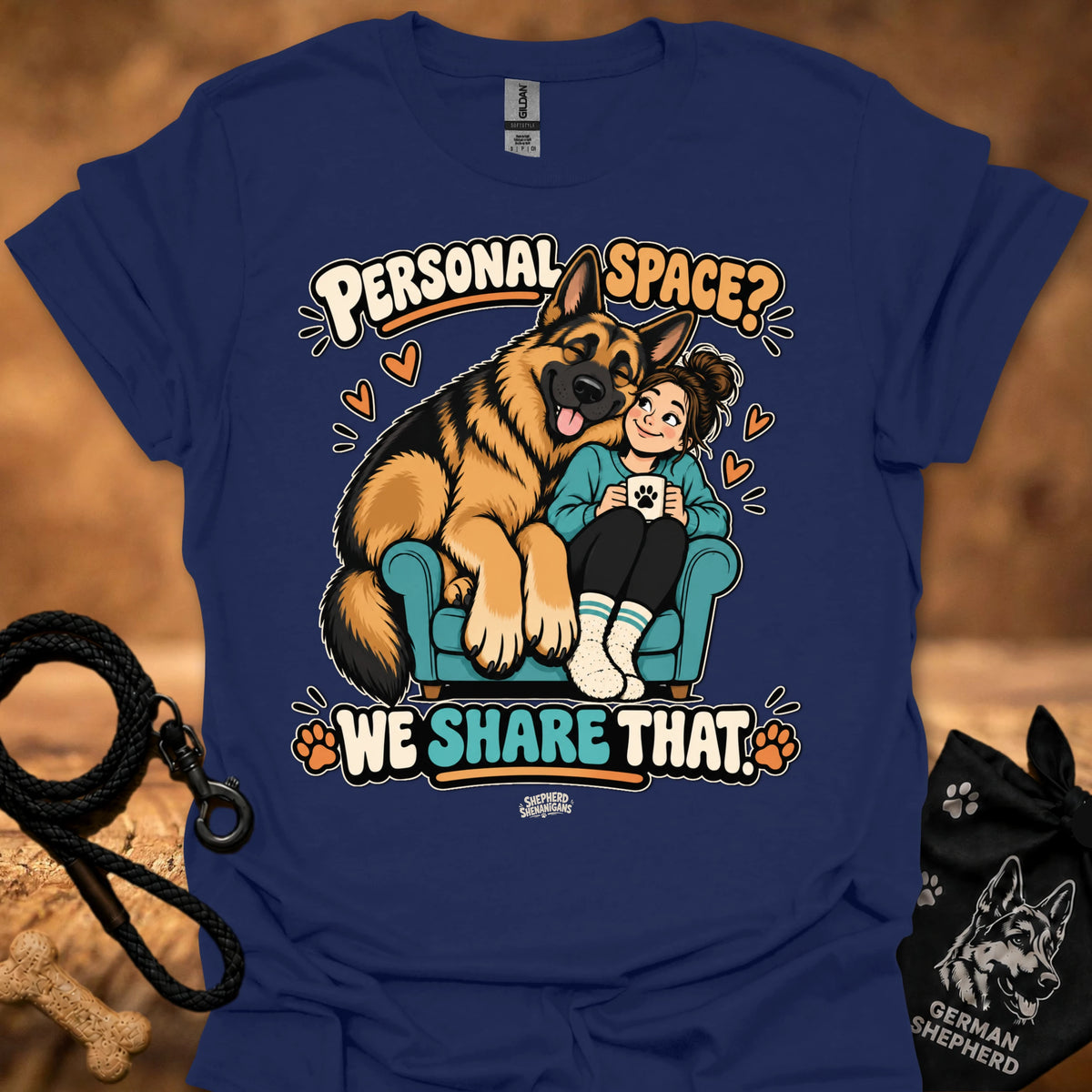 Heather indigo T-shirt with colorful cartoon “Personal Space” graphic of a dog and child