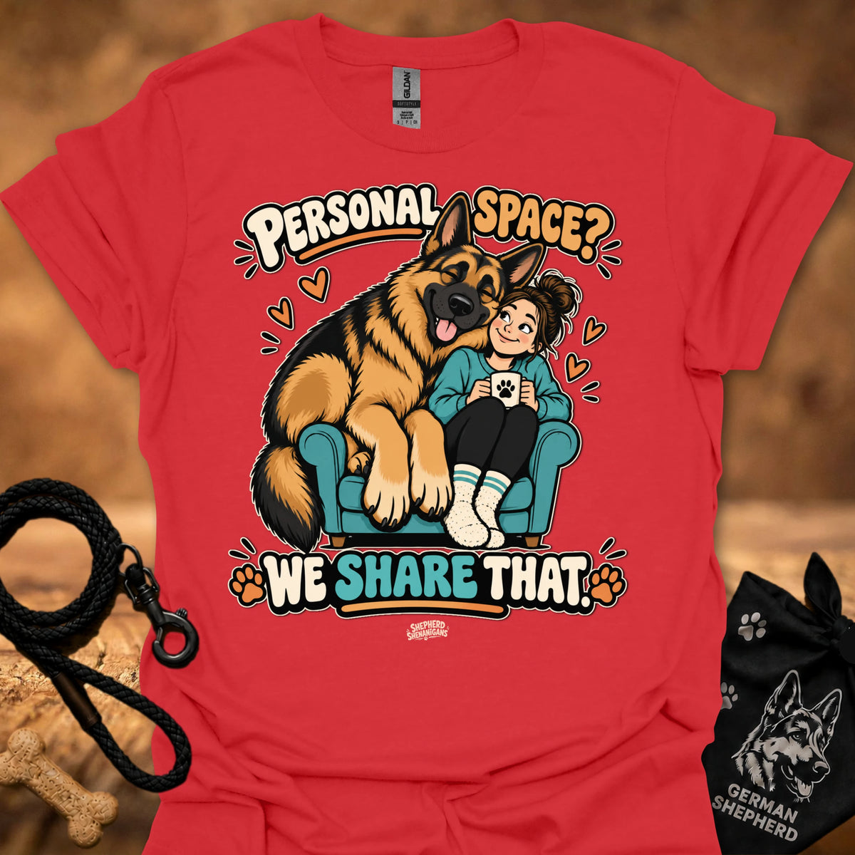 Red T-shirt with colorful cartoon “Personal Space” graphic featuring a dog and child