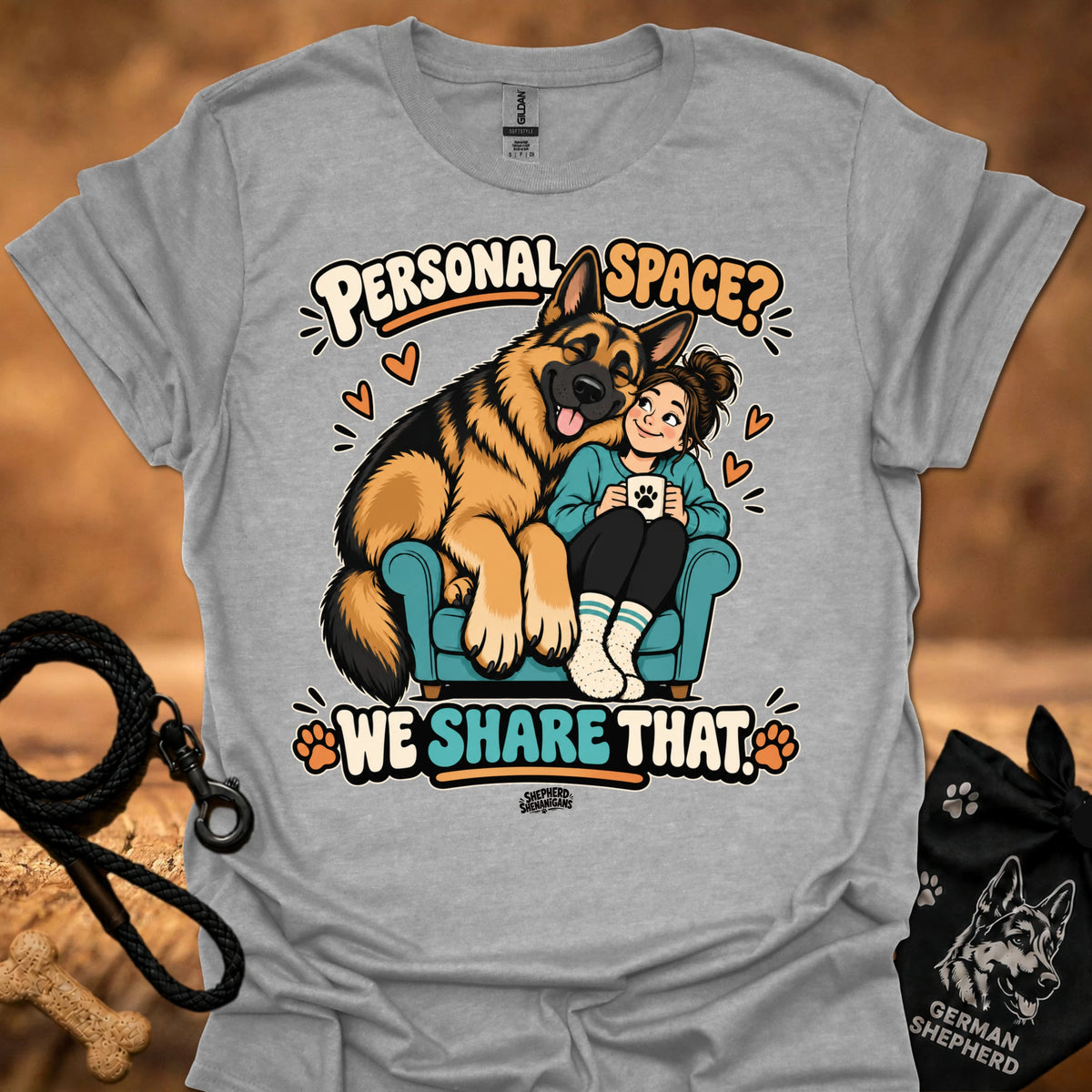 Light gray T-shirt with colorful cartoon “Personal Space” graphic of a dog and child