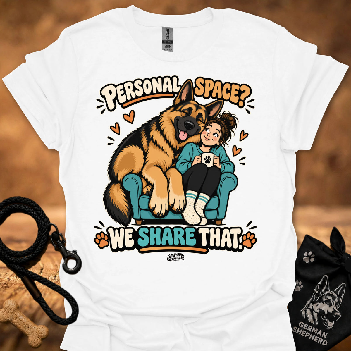 White T-shirt with colorful cartoon “Personal Space” graphic featuring a dog and child