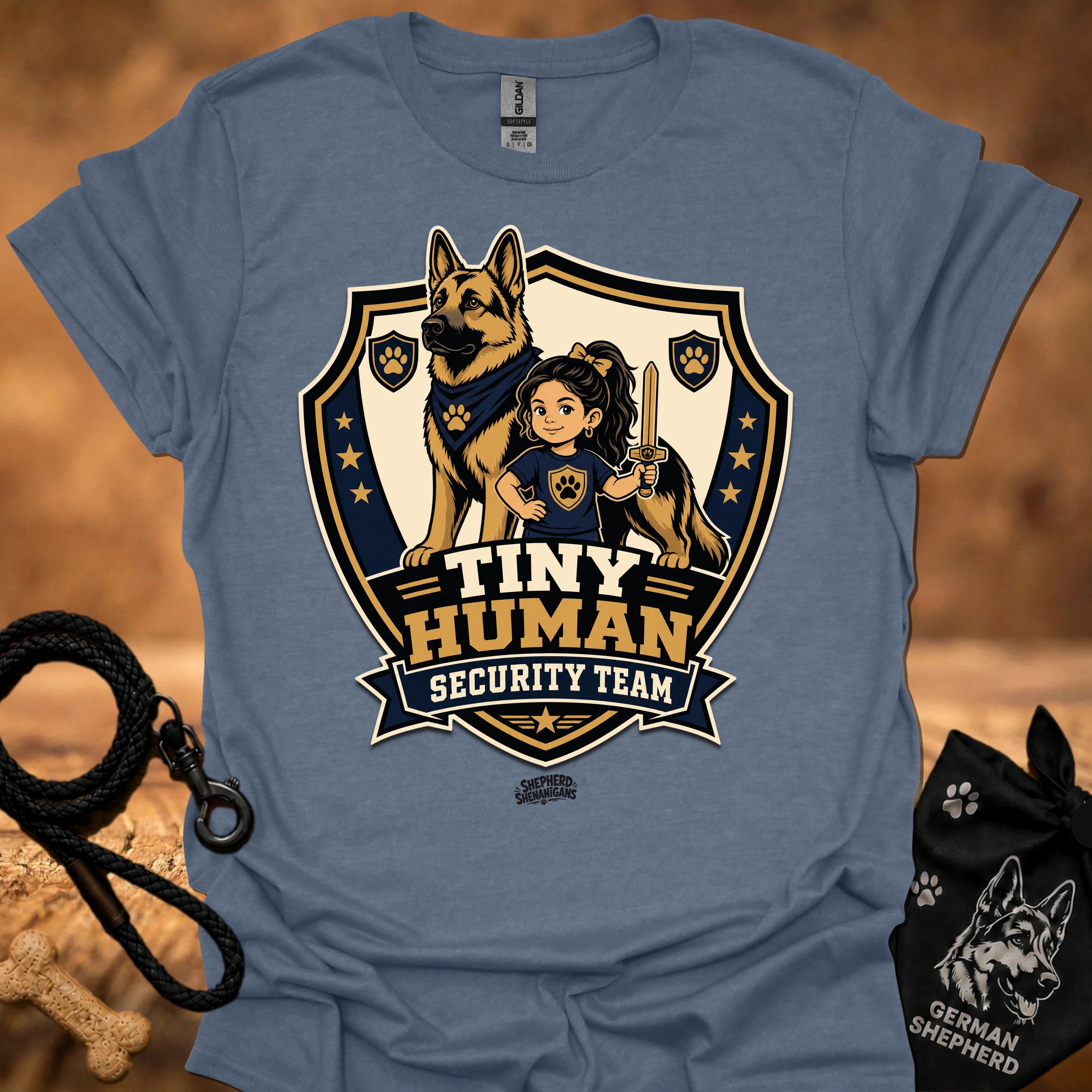 Heather blue T-shirt with shield mascot graphic and “Tiny Human Security Team” print