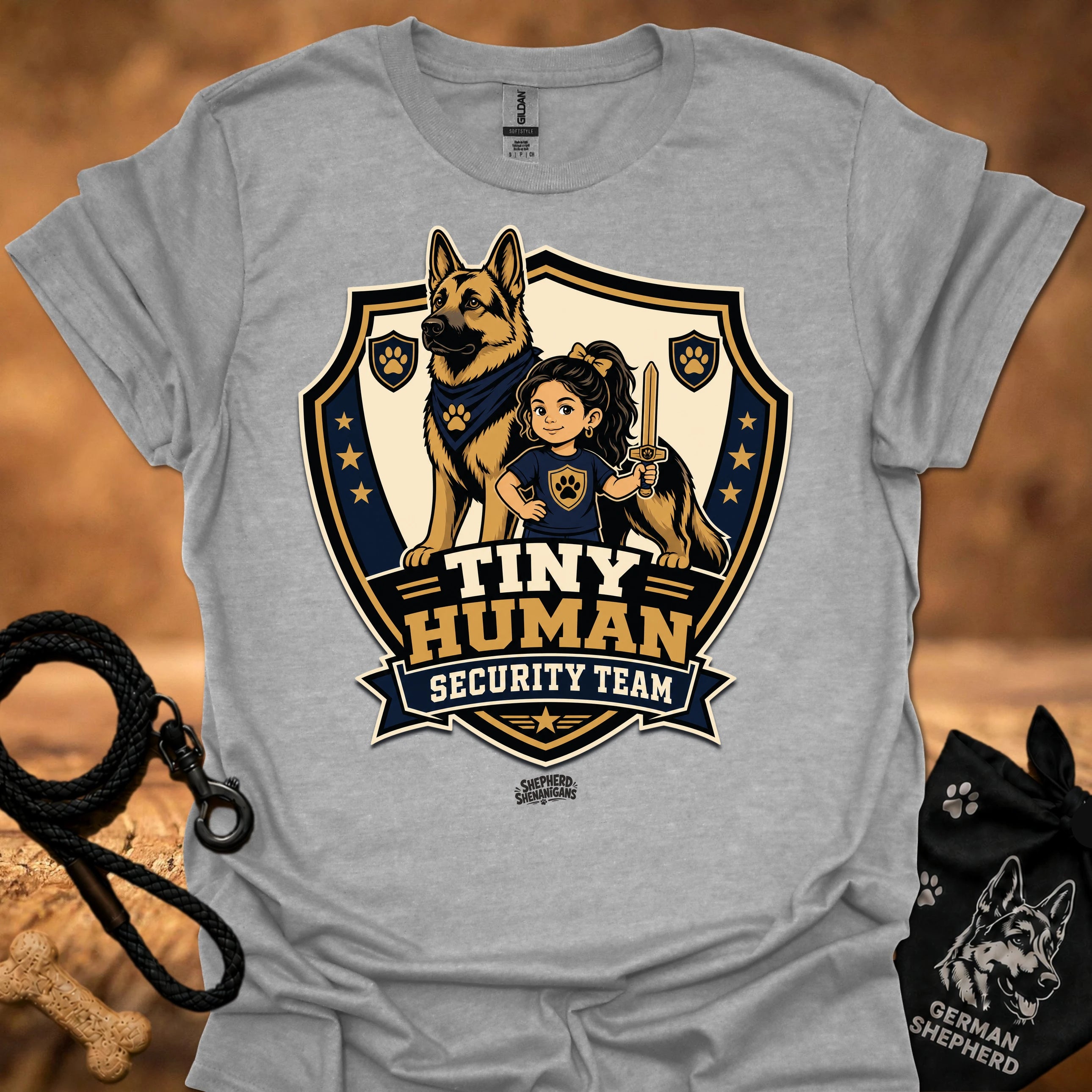 Sport grey T-shirt with shield mascot graphic and “Tiny Human Security Team” print