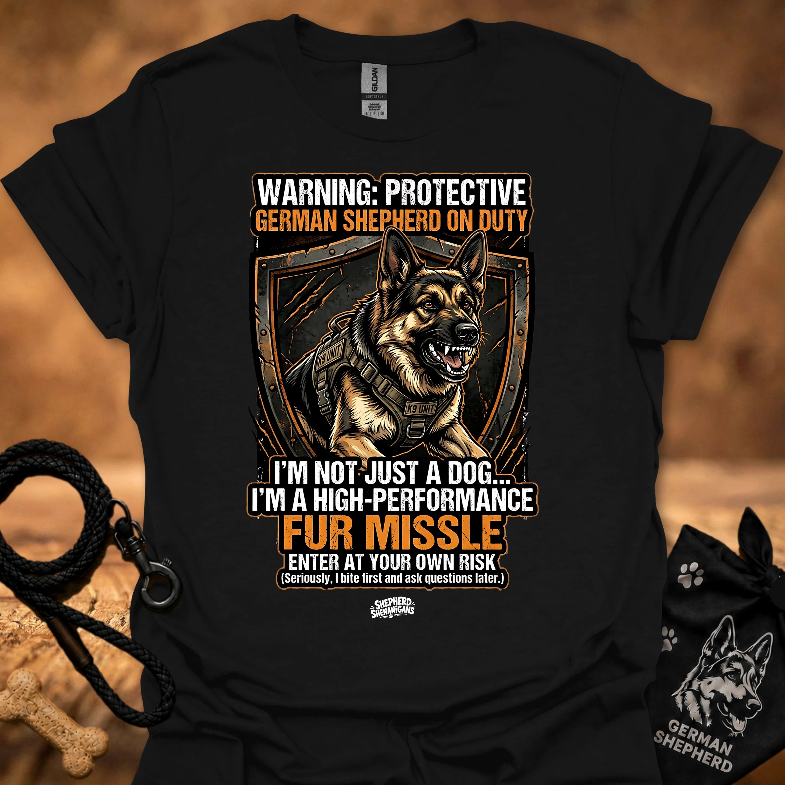 High performance fur missile T-shirt, black with large dog graphic and warning text