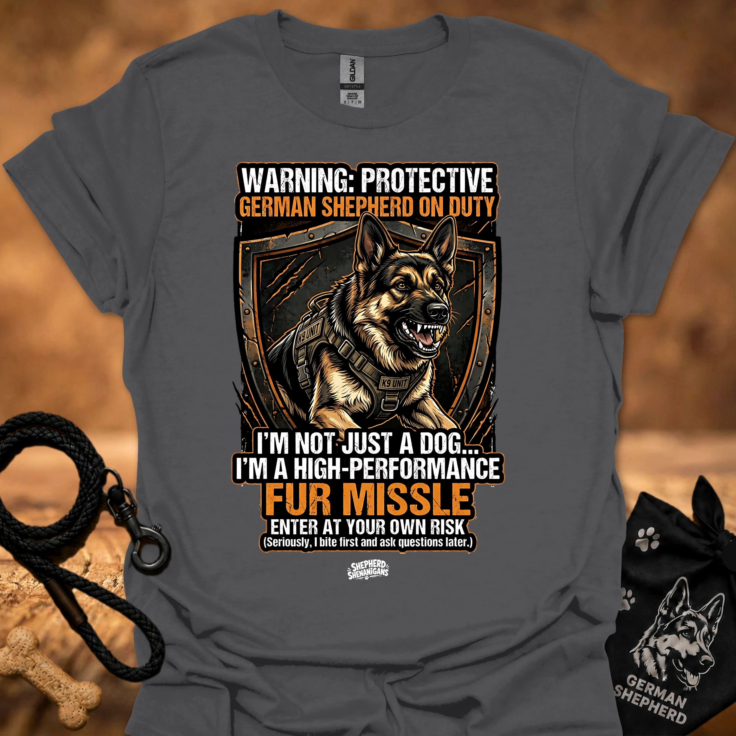High performance fur missile T-shirt, sport gray with large dog graphic and warning text
