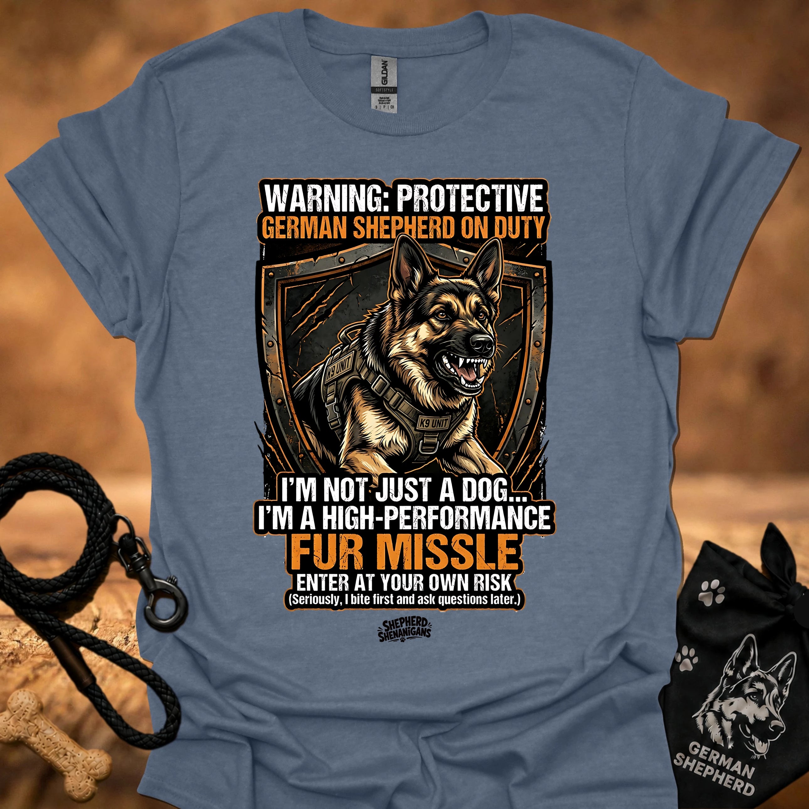 High performance fur missile T-shirt, heather indigo blue with large dog graphic and warning text