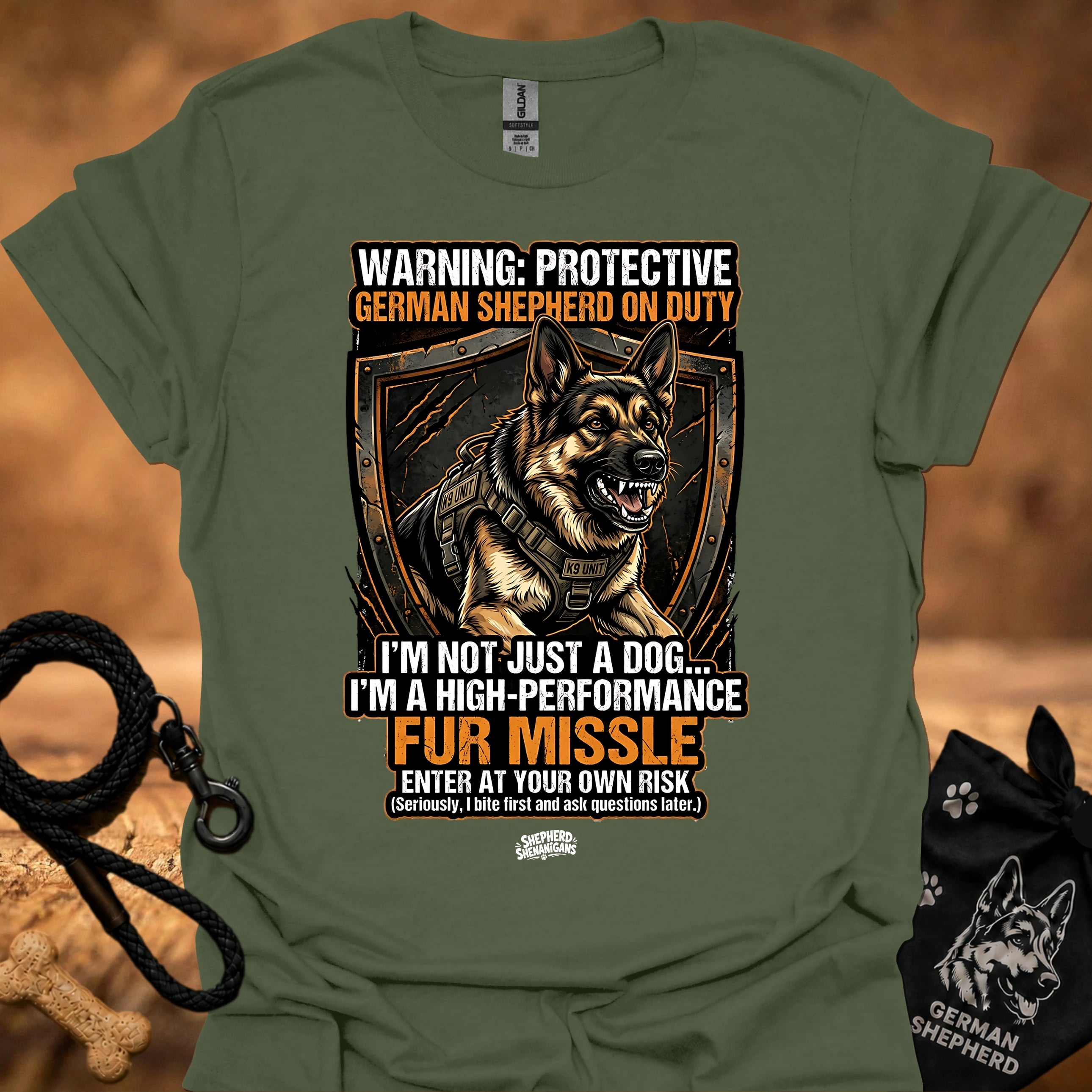 High performance fur missile T-shirt, military green with large dog graphic and warning text