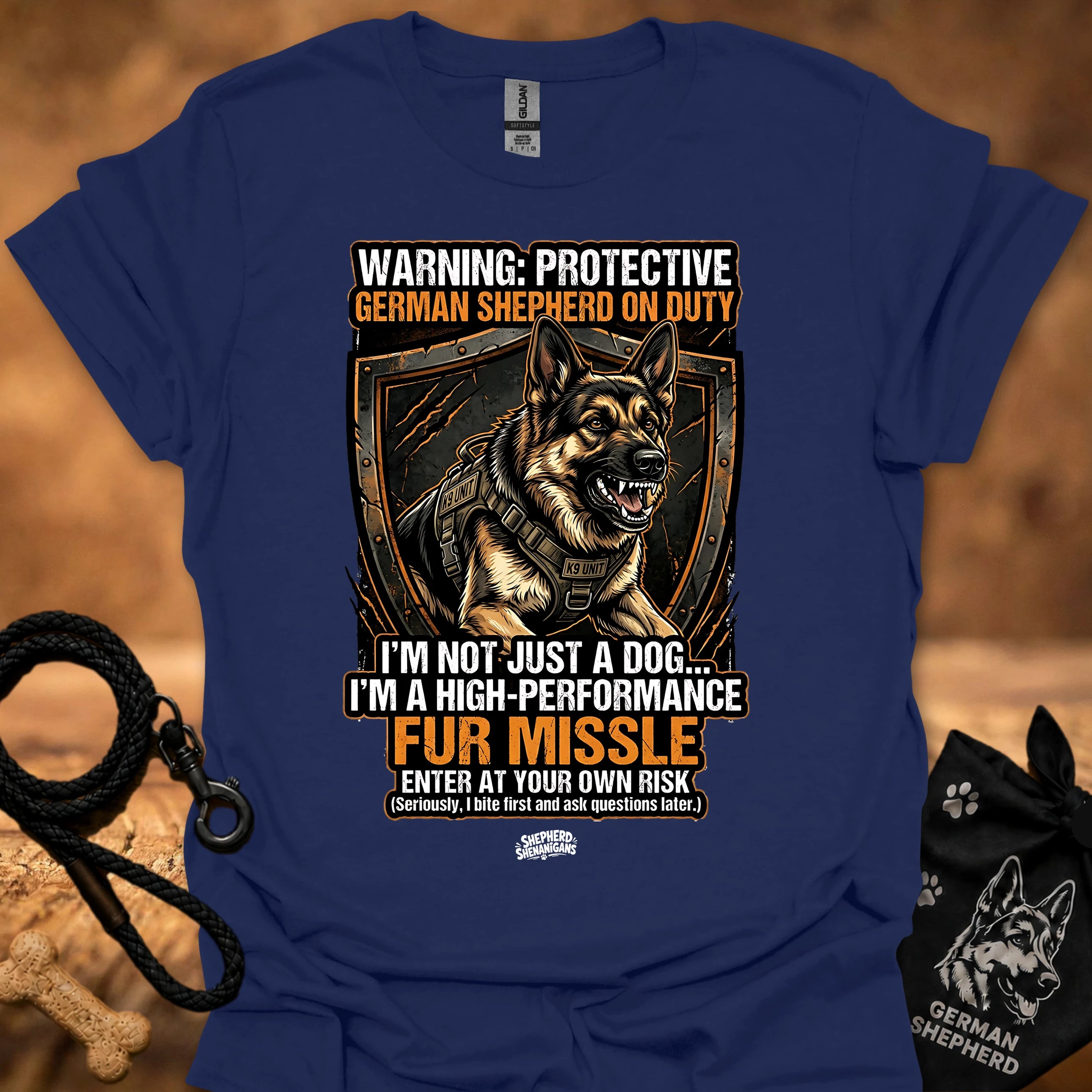 High performance fur missile T-shirt, navy with large dog graphic and warning text