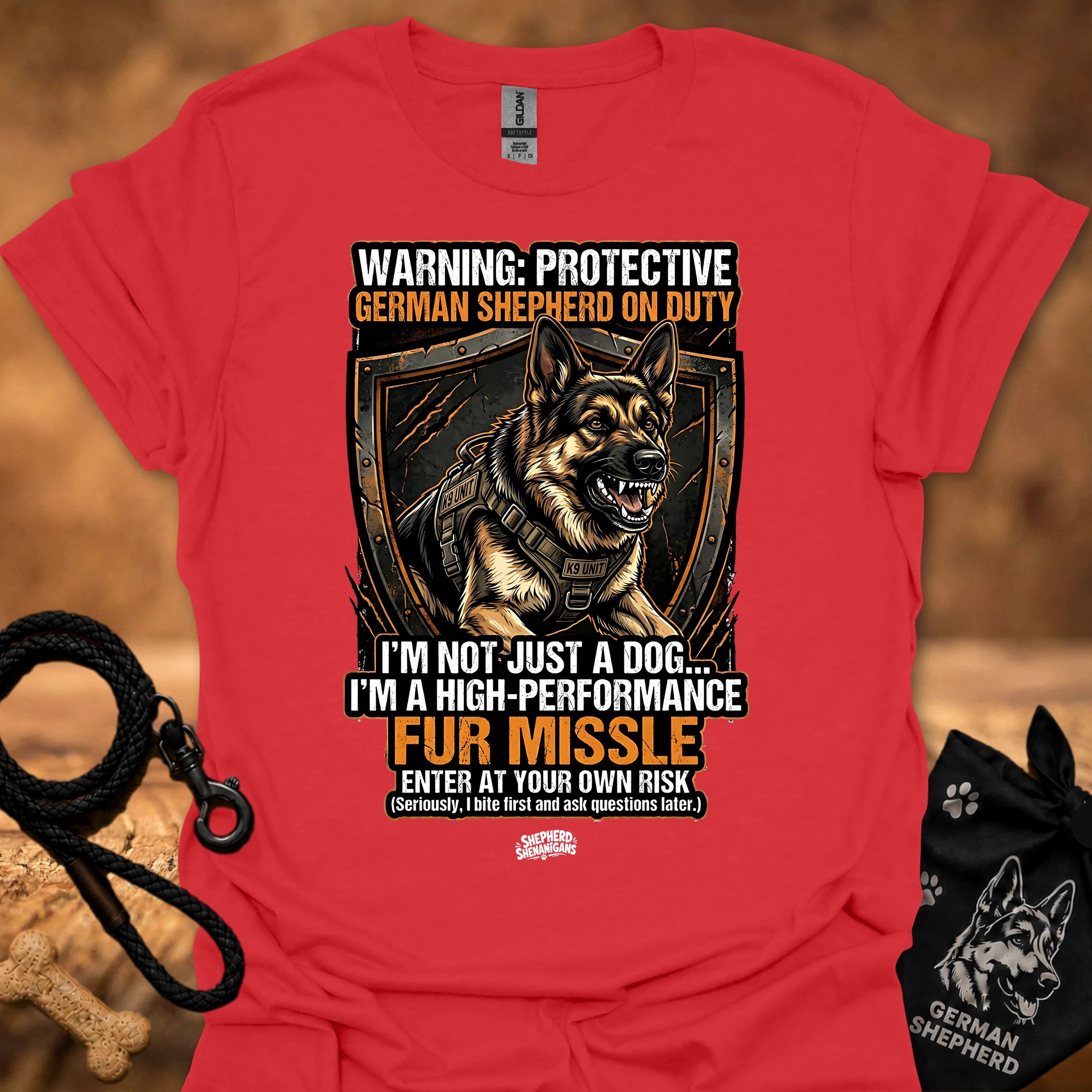 High performance fur missile T-shirt, red with large dog graphic and warning text