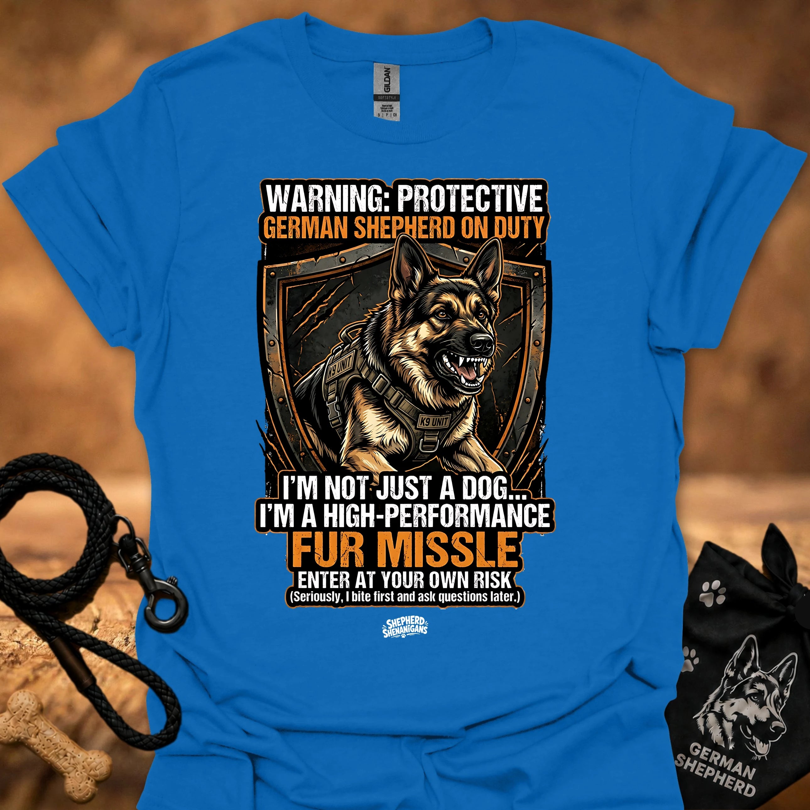 High performance fur missile T-shirt, royal blue with large dog graphic and warning text
