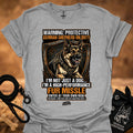 High performance fur missile T-shirt, charcoal gray with large dog graphic and warning text