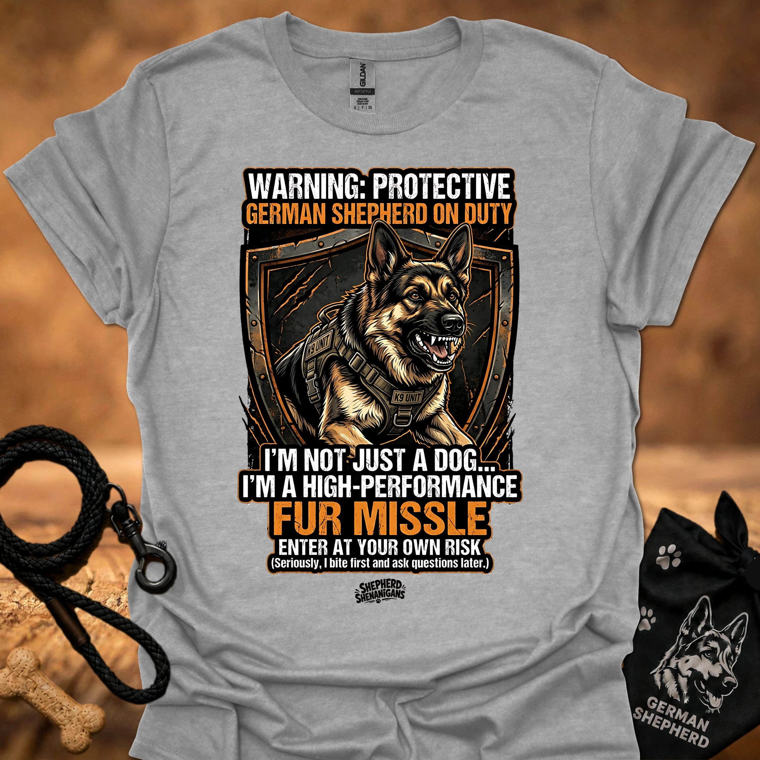 High performance fur missile T-shirt, charcoal gray with large dog graphic and warning text