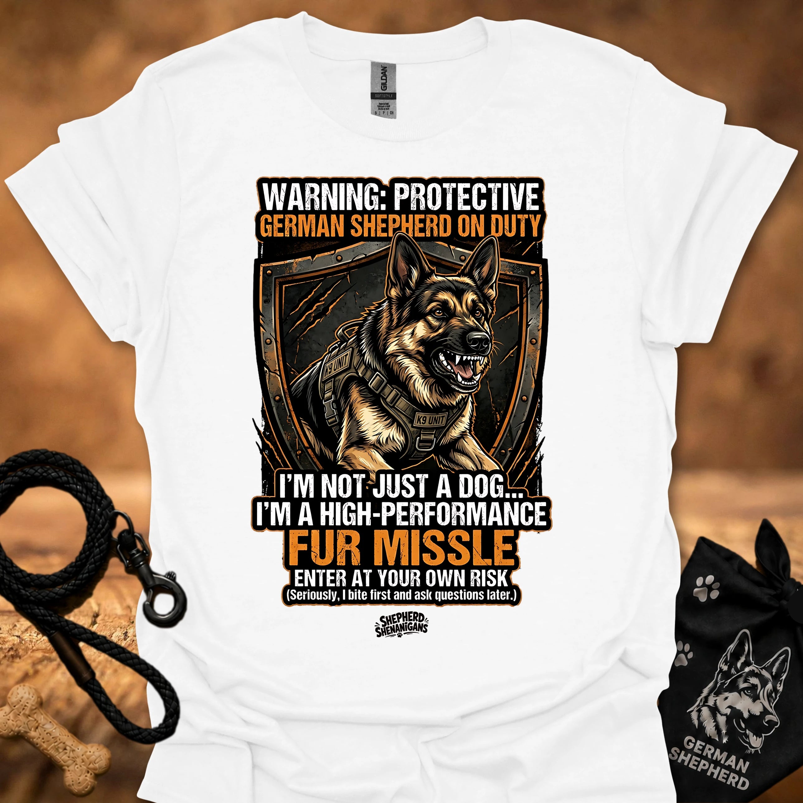 High performance fur missile T-shirt, white with large dog graphic and warning text