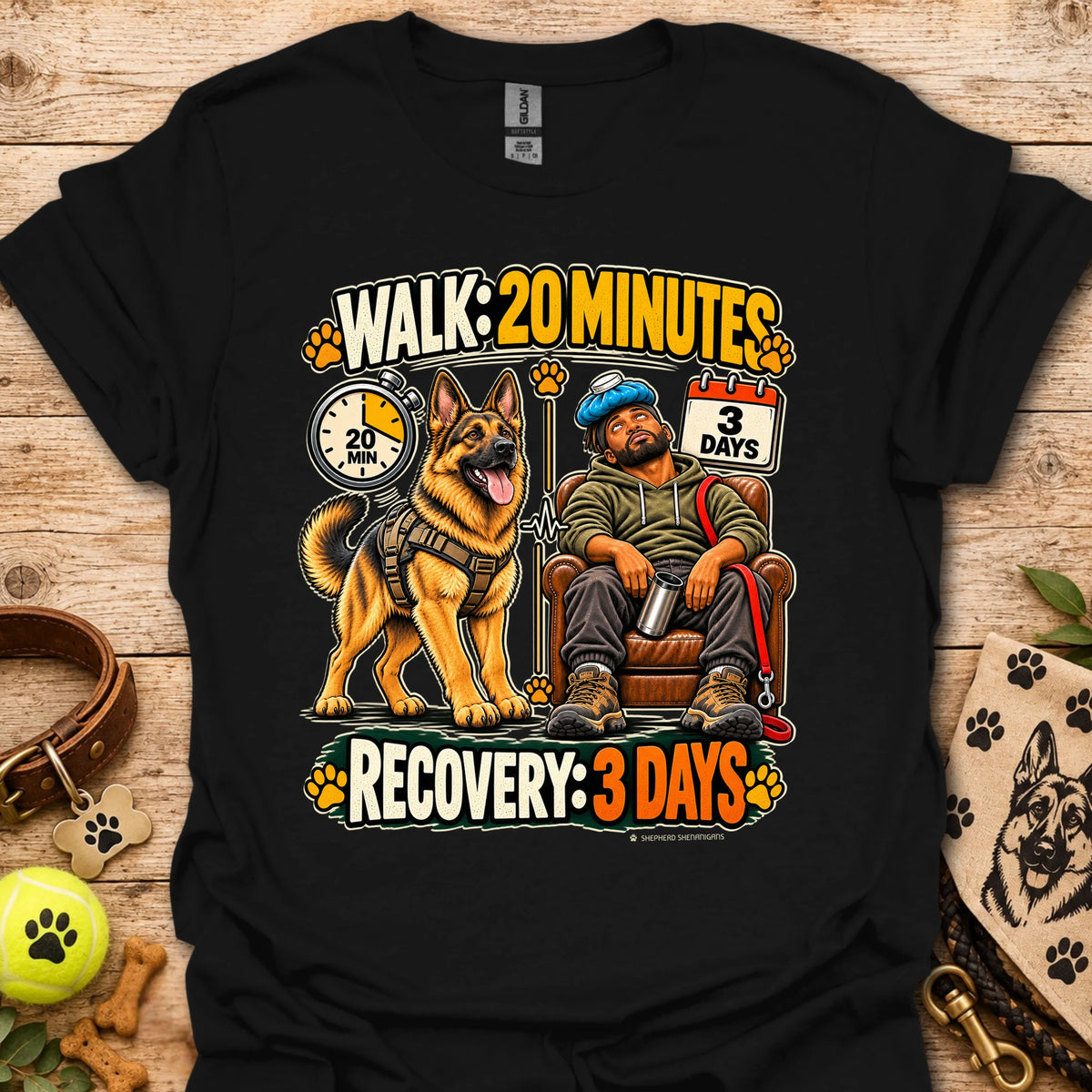 Black T-shirt with a dog-walking and three-day recovery graphic
