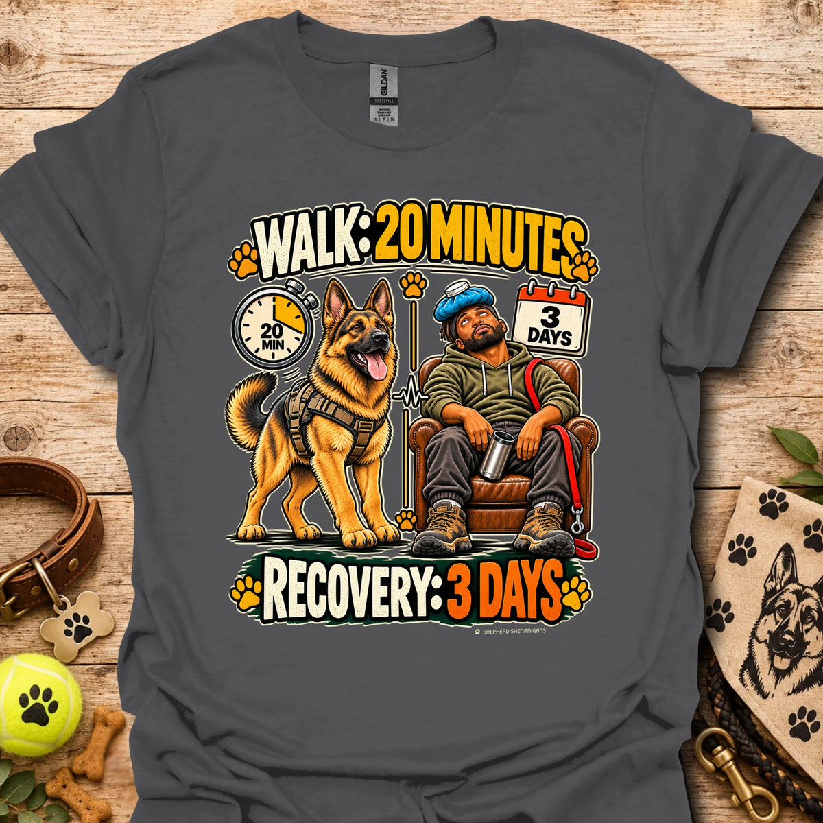 Charcoal T-shirt with a dog-walking and three-day recovery graphic