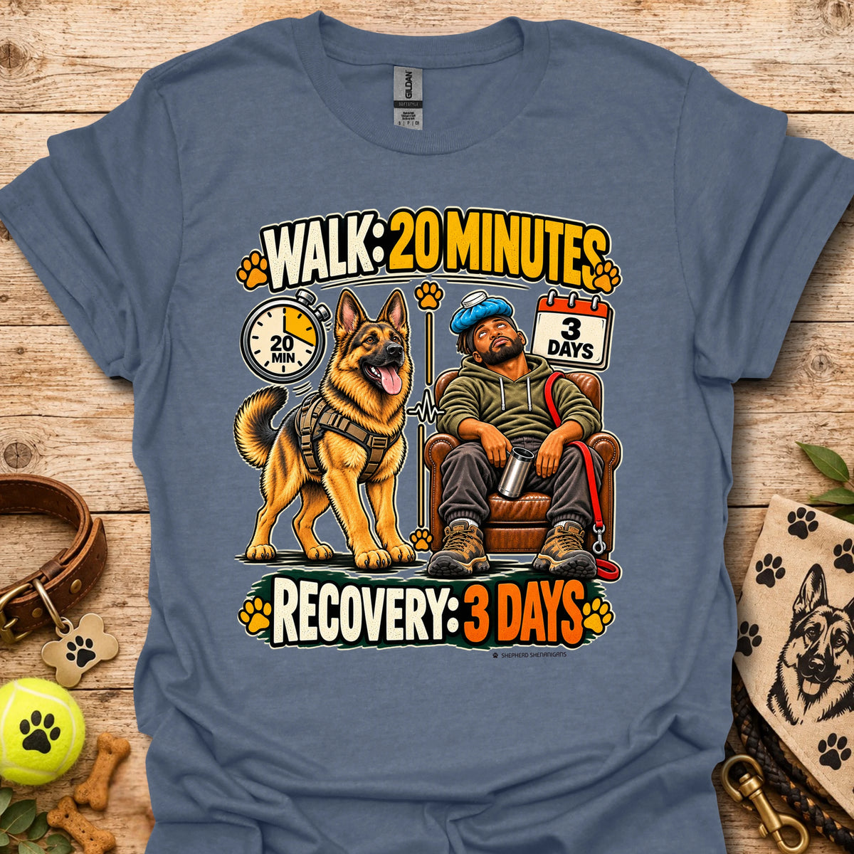 Heather indigo T-shirt with a dog-walking and three-day recovery graphic