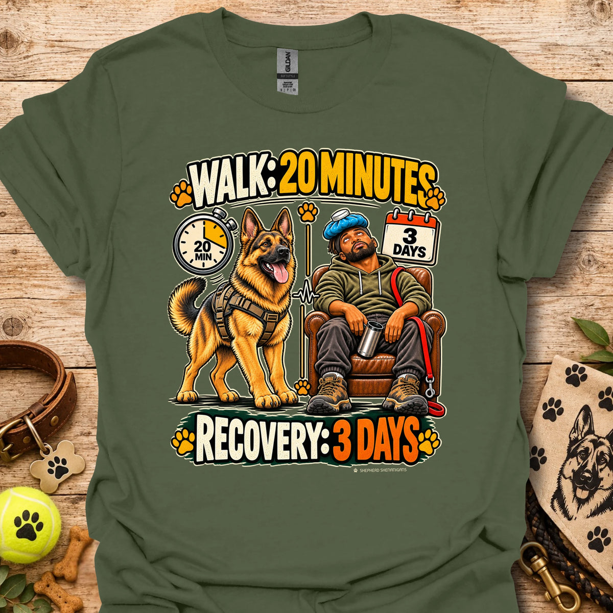 Military green T-shirt with a dog-walking and three-day recovery graphic