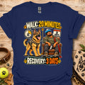 Navy T-shirt with a dog-walking and three-day recovery graphic
